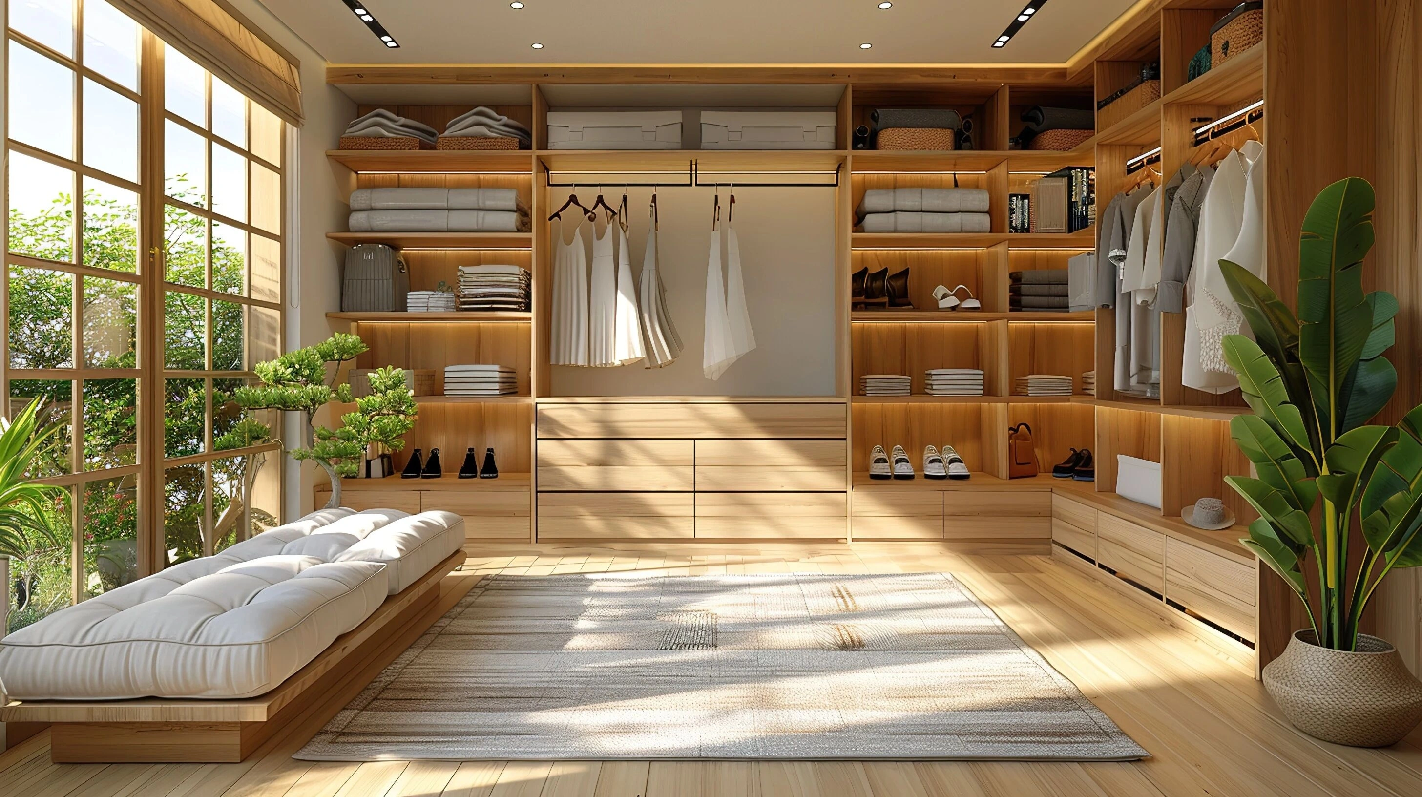 Wood veneer cabinet fronts and shelving in a fitted walk-in wardrobe