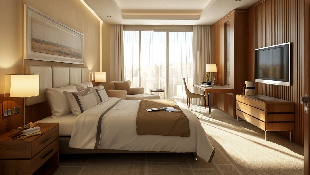 Wood veneer wall panels and furniture in a modern hotel room interior