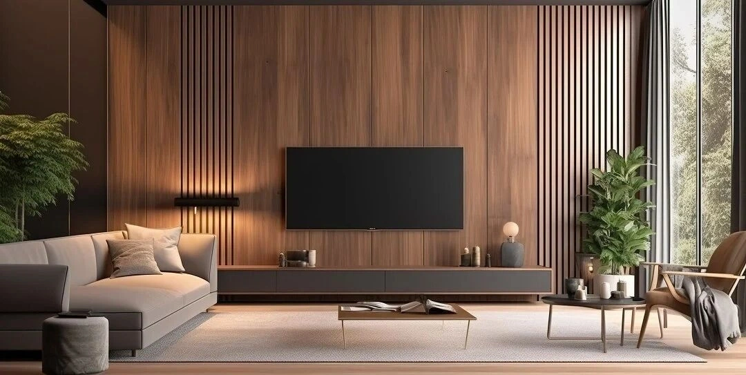 Fluted wall panels integrated into a modern TV feature wall and living room interior Fluted wall panels integrated into a modern TV feature wall and living room interior